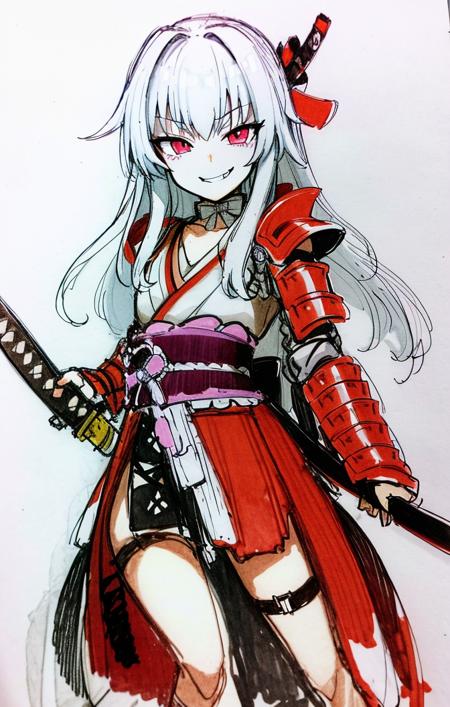 41581-321198619-sketch, traditional media, (samurai armor), armored skirt, holding katana, clara [honkai star rail], 1girl, smirking expression,.png